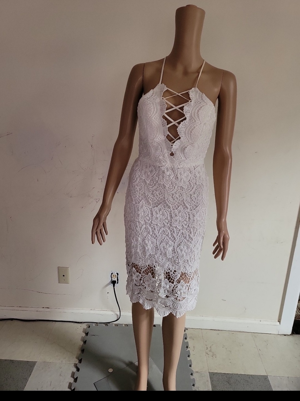 Love Culture White Lace Midi Dress with Plunge Lattice Bodice